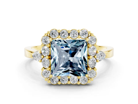 Yellow gold Princess Cut Aquamarine Halo Ring with Pear Side Stones and Prong Setting_12