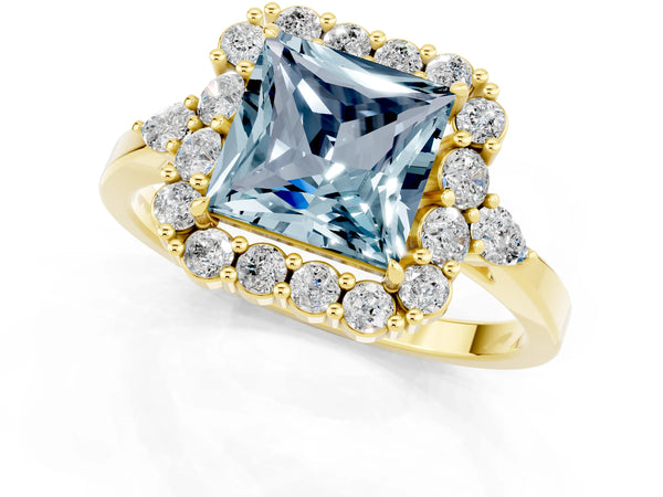 Yellow gold Princess Cut Aquamarine Halo Ring with Pear Side Stones and Prong Setting