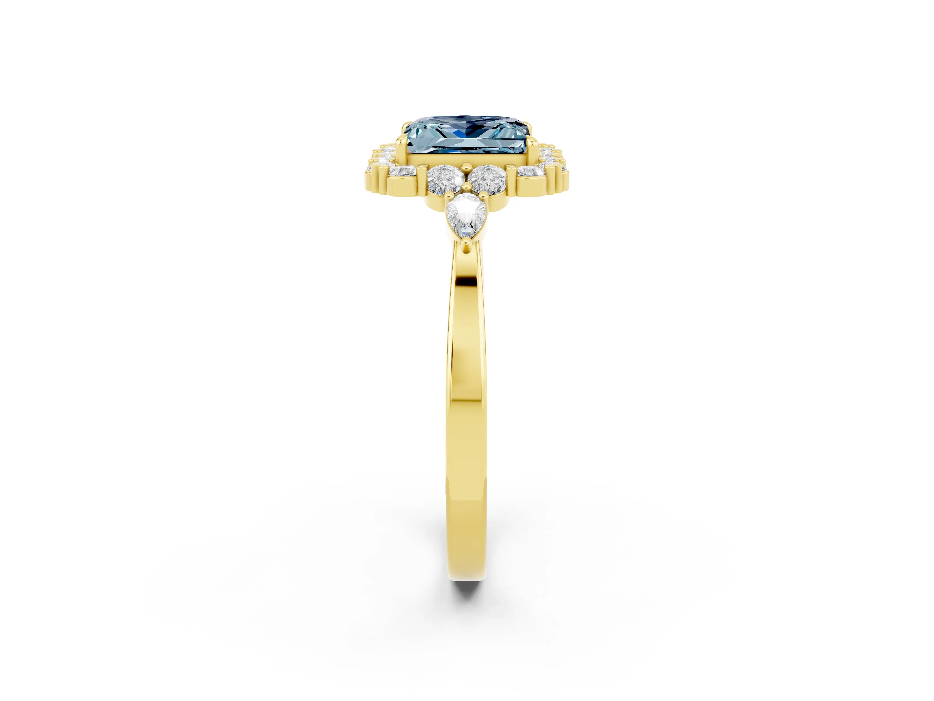Yellow gold Princess Cut Aquamarine Halo Ring with Pear Side Stones and Prong Setting_14