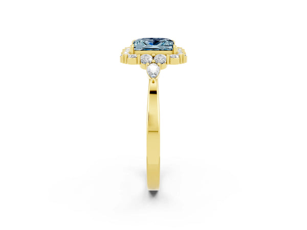 Yellow gold Princess Cut Aquamarine Halo Ring with Pear Side Stones and Prong Setting