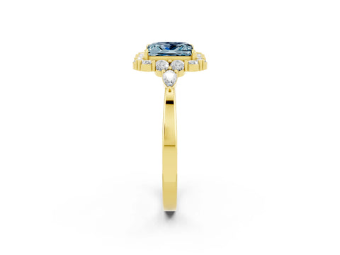 Yellow gold Princess Cut Aquamarine Halo Ring with Pear Side Stones and Prong Setting_14