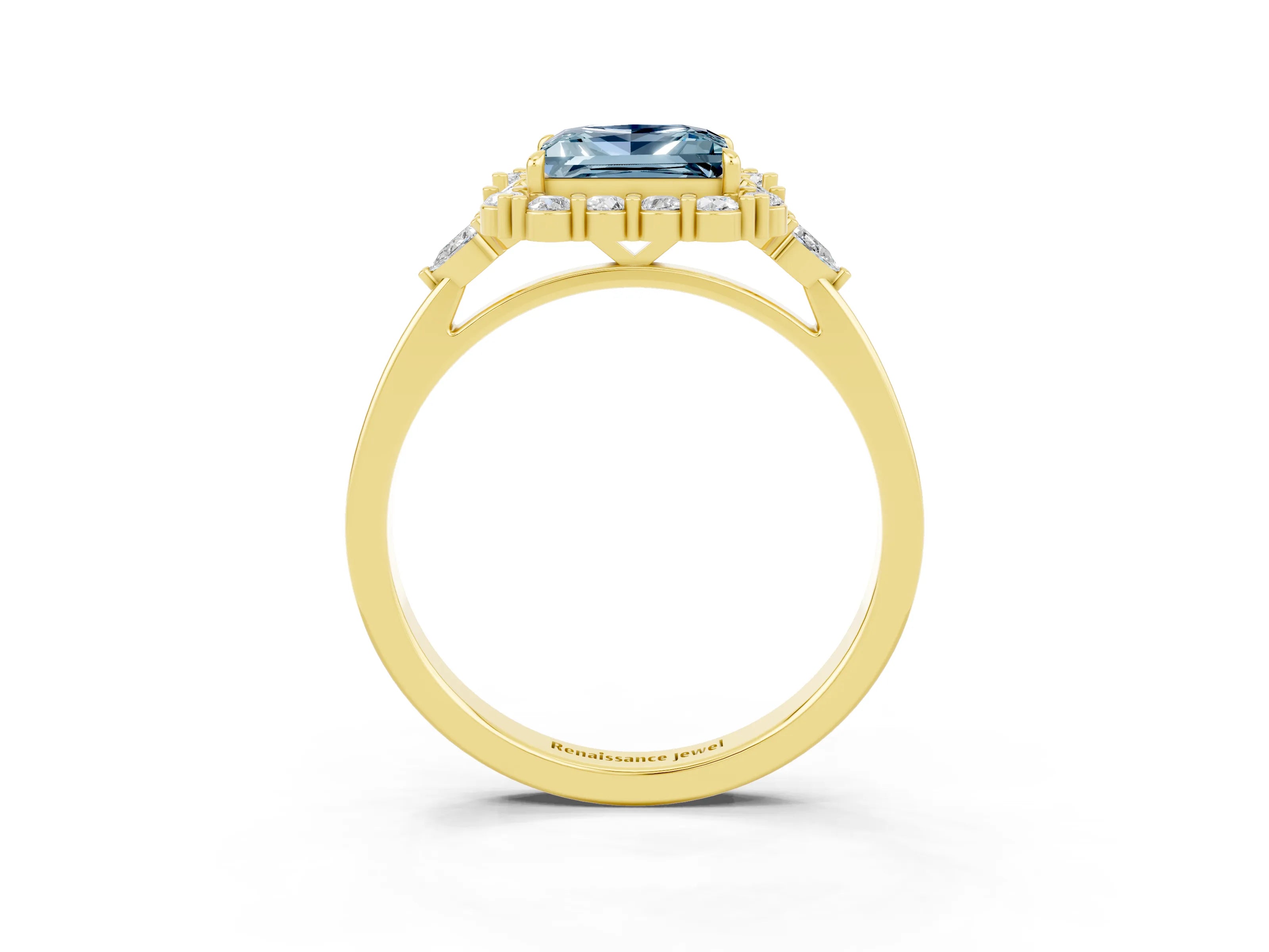 Yellow gold Princess Cut Aquamarine Halo Ring with Pear Side Stones and Prong Setting_15