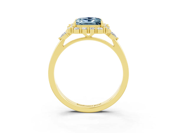 Yellow gold Princess Cut Aquamarine Halo Ring with Pear Side Stones and Prong Setting