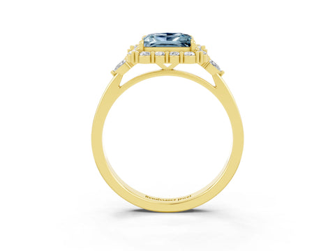Yellow gold Princess Cut Aquamarine Halo Ring with Pear Side Stones and Prong Setting_15