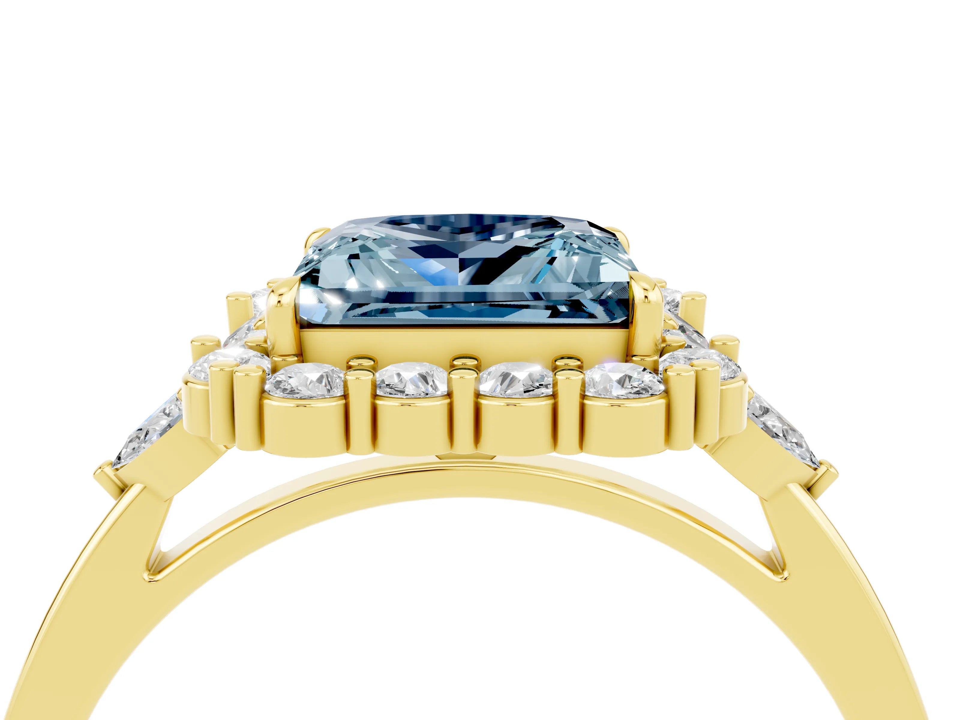 Yellow gold Princess Cut Aquamarine Halo Ring with Pear Side Stones and Prong Setting_16