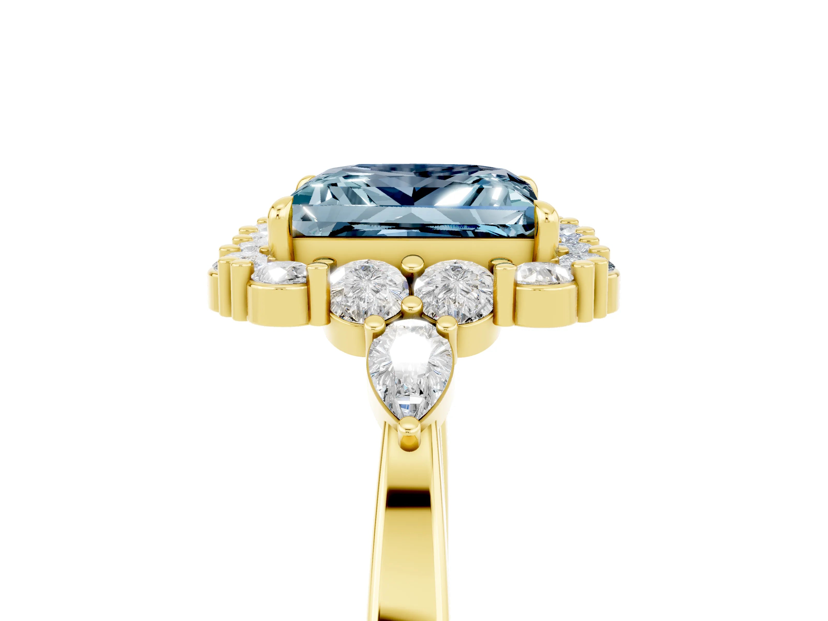 Yellow gold Princess Cut Aquamarine Halo Ring with Pear Side Stones and Prong Setting_17