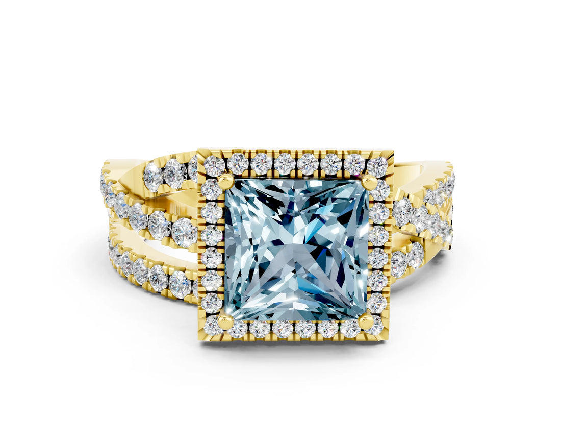 Yellow gold Princess Cut Aquamarine Halo Ring with Round Split Shank and Prong Setting_48