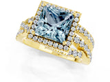 Yellow gold Princess Cut Aquamarine Halo Ring with Round Split Shank and Prong Setting_49