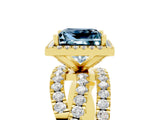 Yellow gold Princess Cut Aquamarine Halo Ring with Round Split Shank and Prong Setting_53