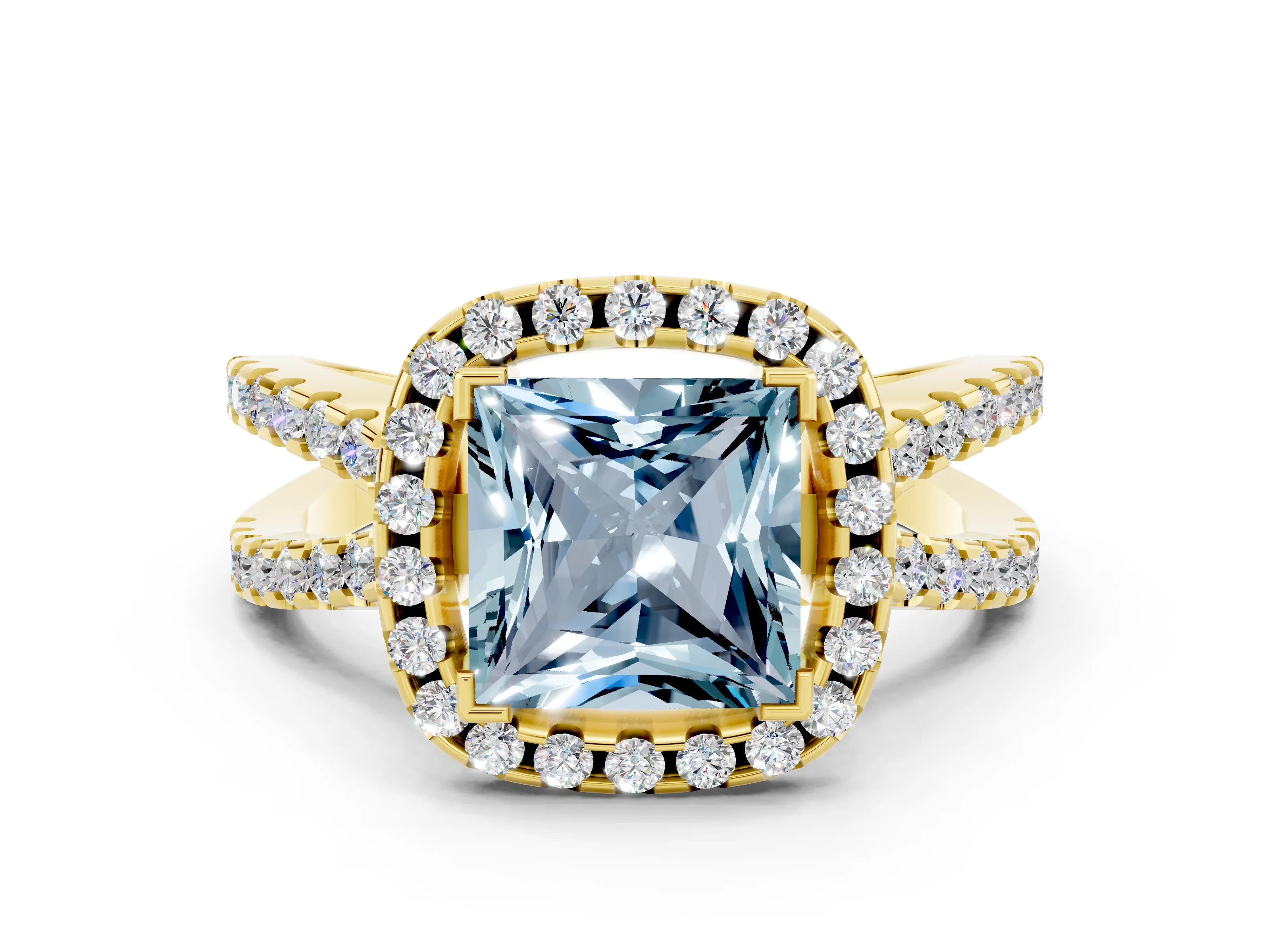 Yellow gold Princess Cut Aquamarine Halo Ring with Split Shank Pavé Band and Prong Setting
