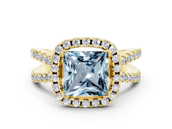 Yellow gold Princess Cut Aquamarine Halo Ring with Split Shank Pavé Band and Prong Setting