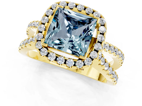 Yellow gold Princess Cut Aquamarine Halo Ring with Split Shank Pavé Band and Prong Setting_1