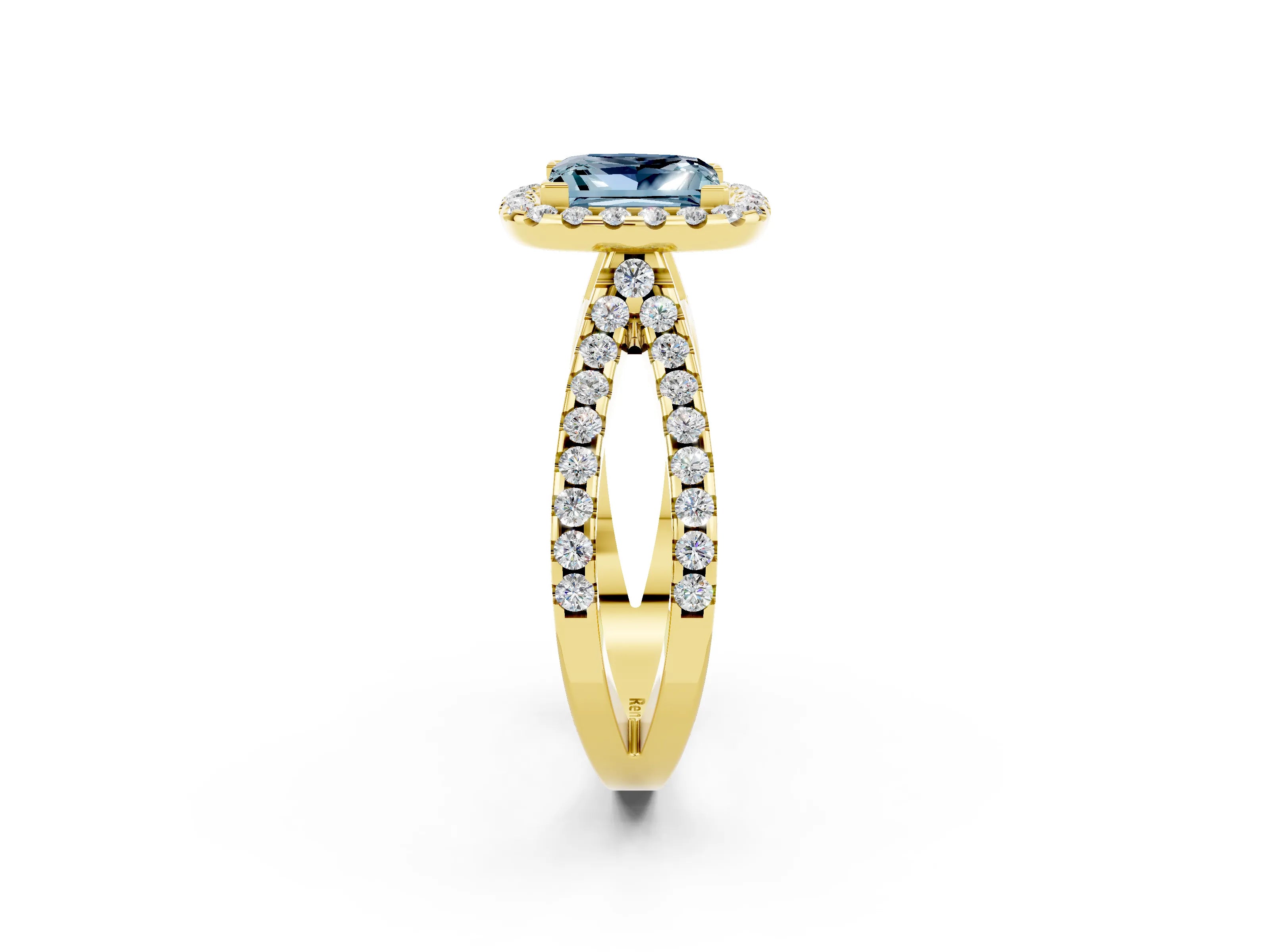 Yellow gold Princess Cut Aquamarine Halo Ring with Split Shank Pavé Band and Prong Setting_2