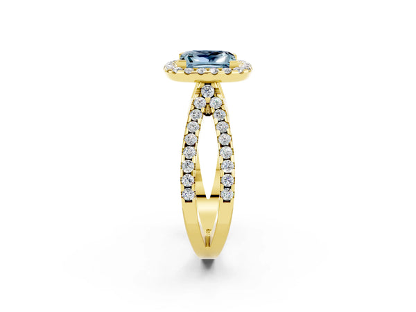 Yellow gold Princess Cut Aquamarine Halo Ring with Split Shank Pavé Band and Prong Setting