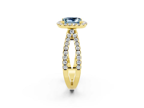 Yellow gold Princess Cut Aquamarine Halo Ring with Split Shank Pavé Band and Prong Setting_2