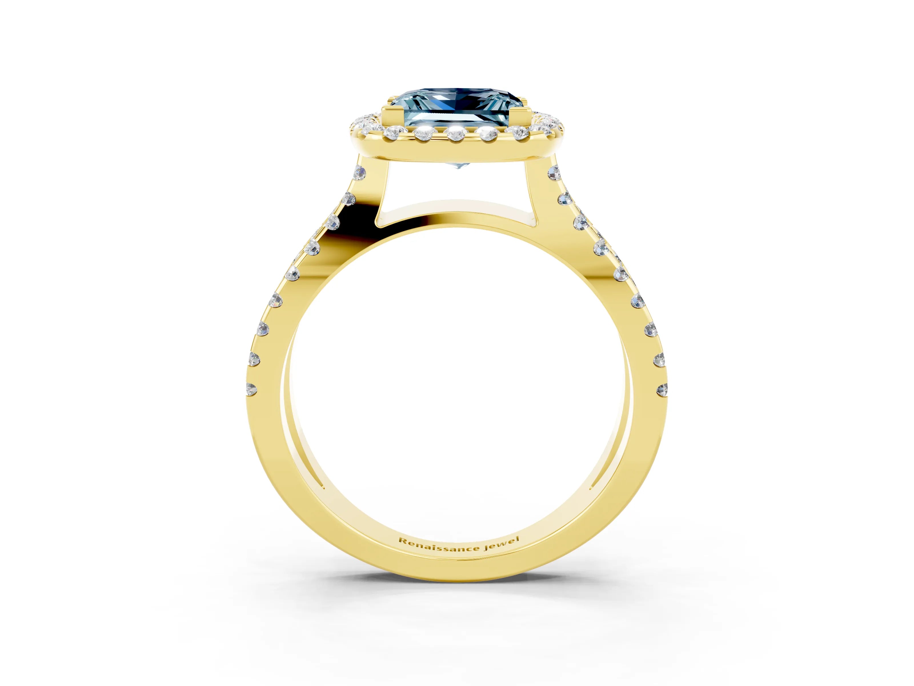 Yellow gold Princess Cut Aquamarine Halo Ring with Split Shank Pavé Band and Prong Setting_3