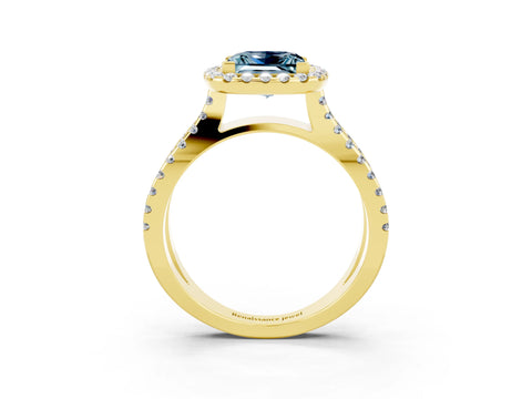 Yellow gold Princess Cut Aquamarine Halo Ring with Split Shank Pavé Band and Prong Setting_3