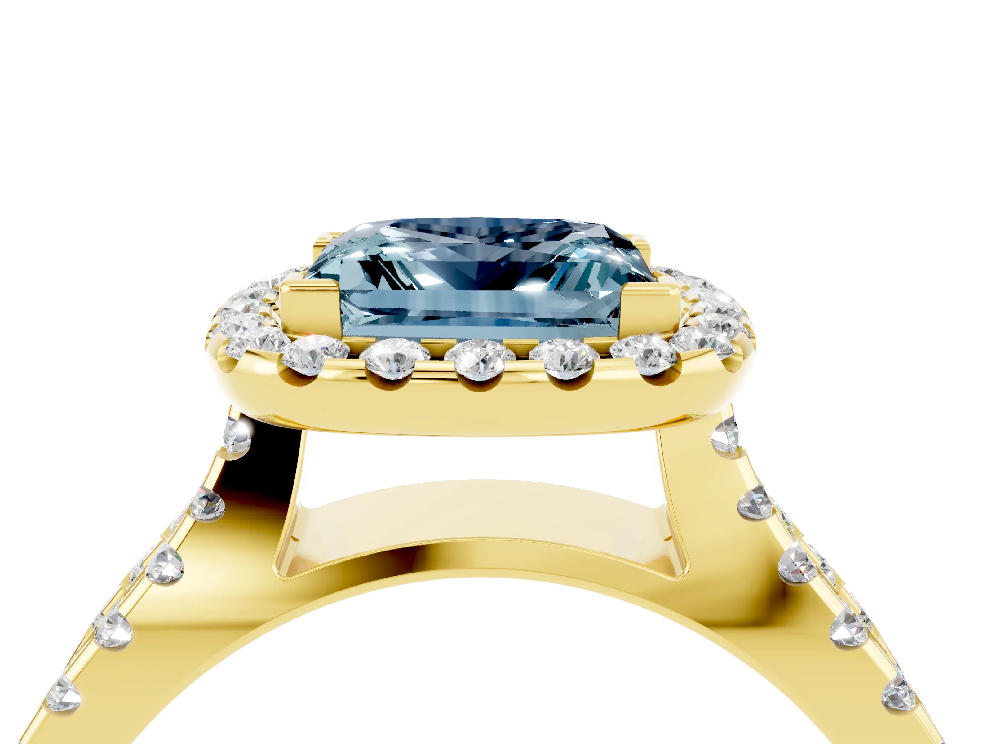 Yellow gold Princess Cut Aquamarine Halo Ring with Split Shank Pavé Band and Prong Setting_4