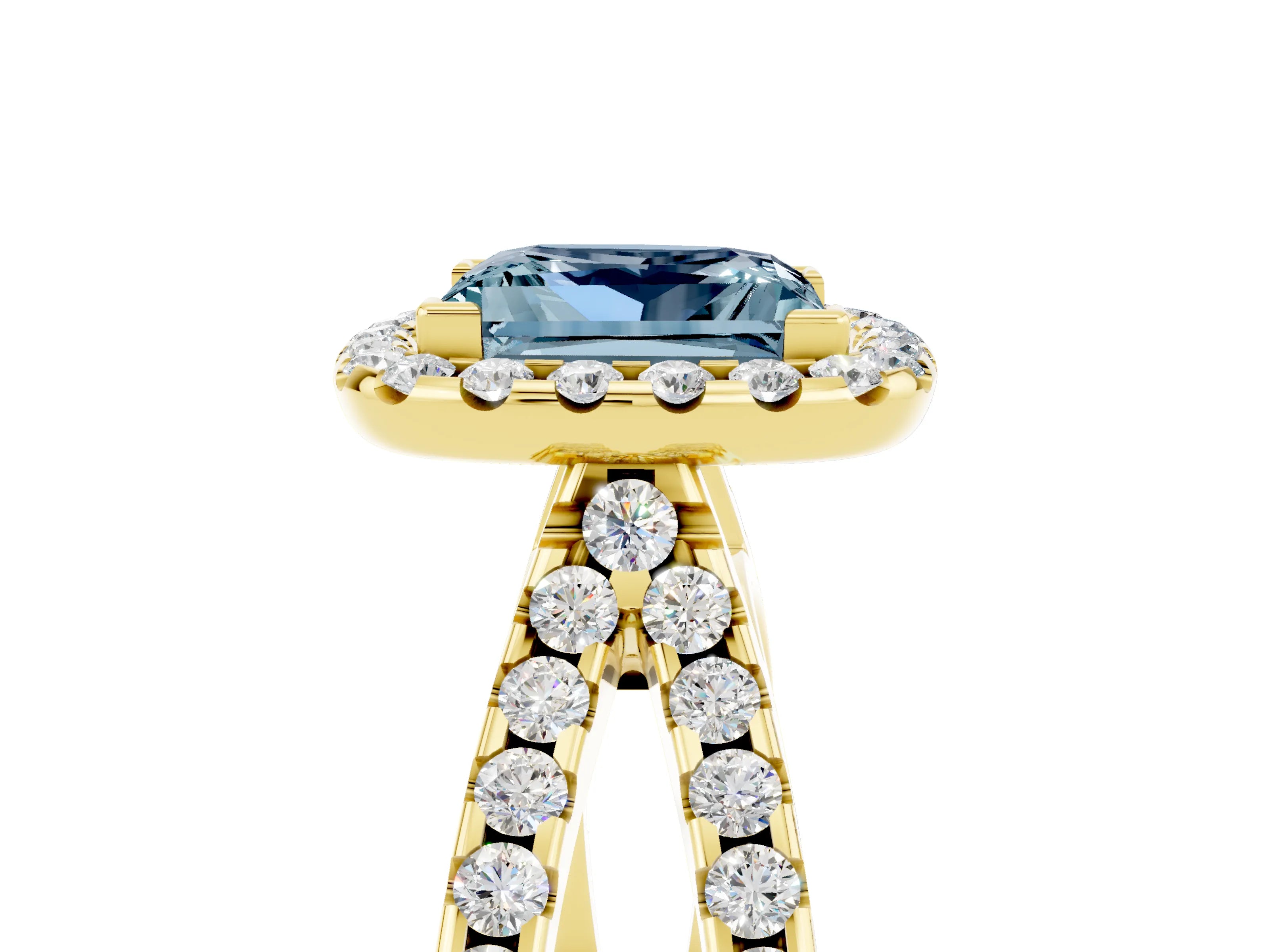 Yellow gold Princess Cut Aquamarine Halo Ring with Split Shank Pavé Band and Prong Setting_5