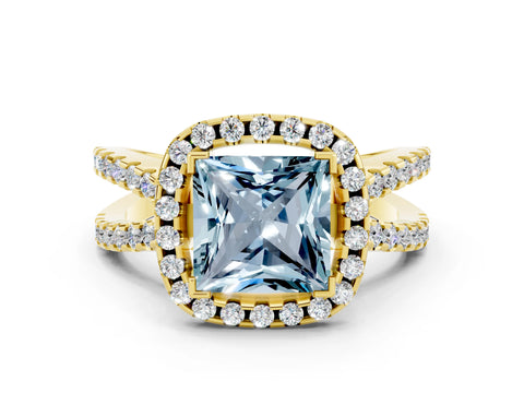 Yellow gold Princess Cut Aquamarine Halo Ring with Split Shank Pavé Band and Prong Setting