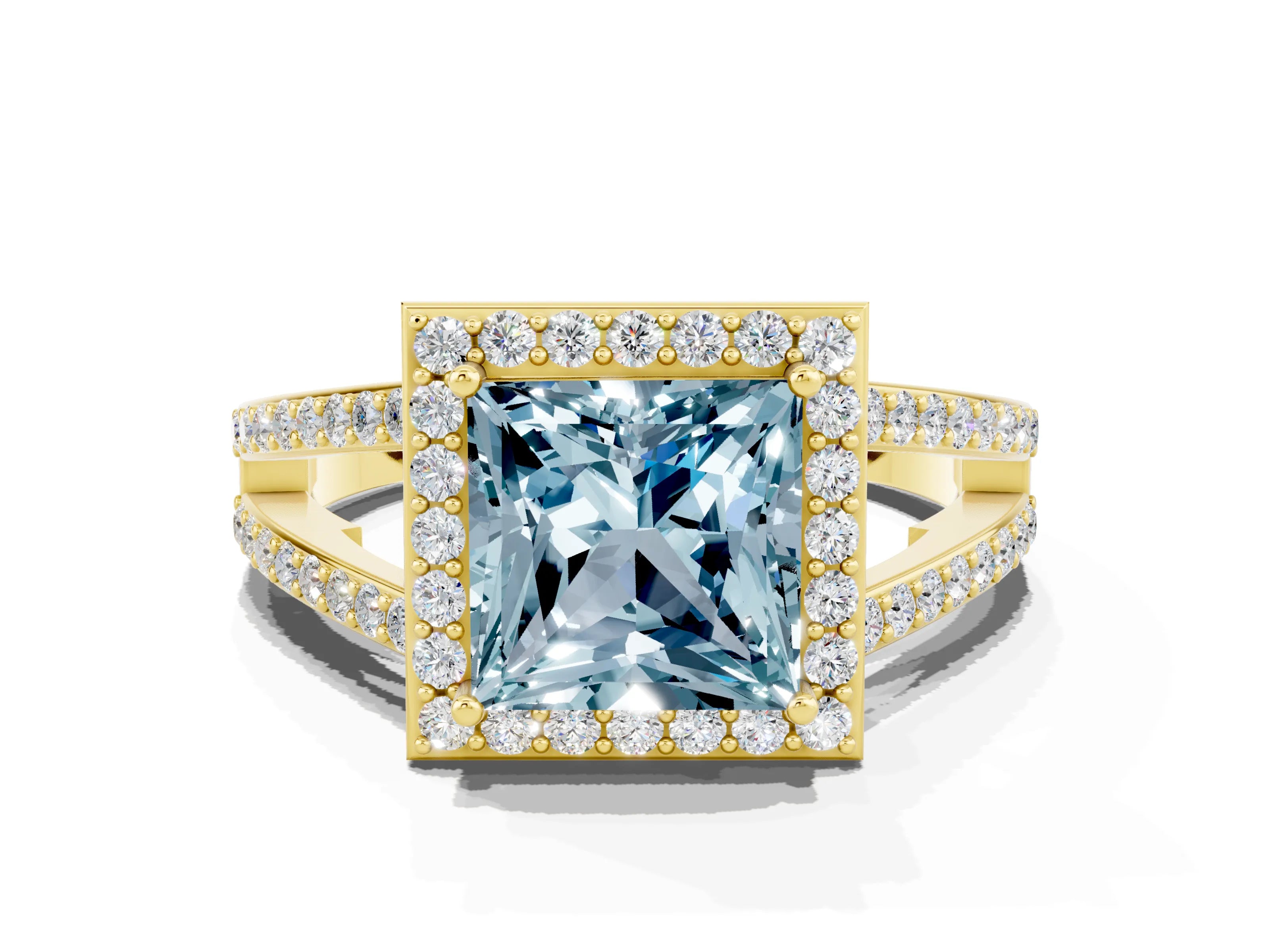 Yellow gold Princess Cut Aquamarine Halo Ring with Split Shank U-Prong Band and Four-Prong Setting
