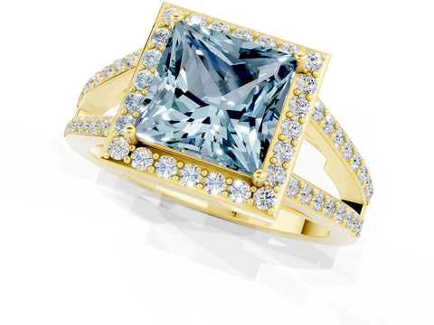 Yellow gold Princess Cut Aquamarine Halo Ring with Split Shank U-Prong Band and Four-Prong Setting_1