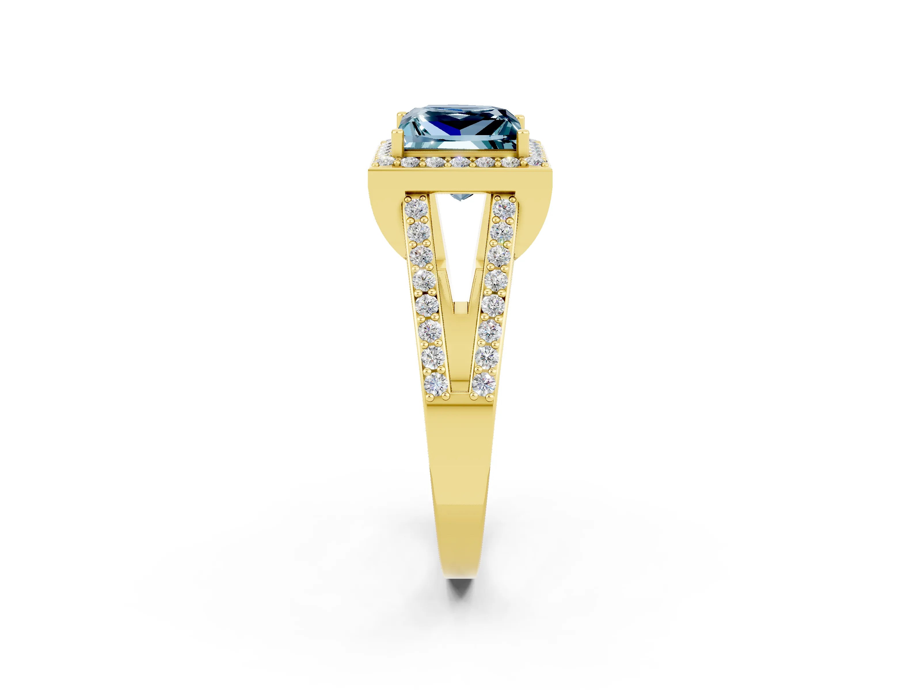 Yellow gold Princess Cut Aquamarine Halo Ring with Split Shank U-Prong Band and Four-Prong Setting_2
