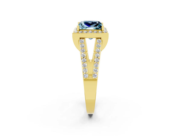 Yellow gold Princess Cut Aquamarine Halo Ring with Split Shank U-Prong Band and Four-Prong Setting