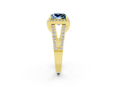 Yellow gold Princess Cut Aquamarine Halo Ring with Split Shank U-Prong Band and Four-Prong Setting_2