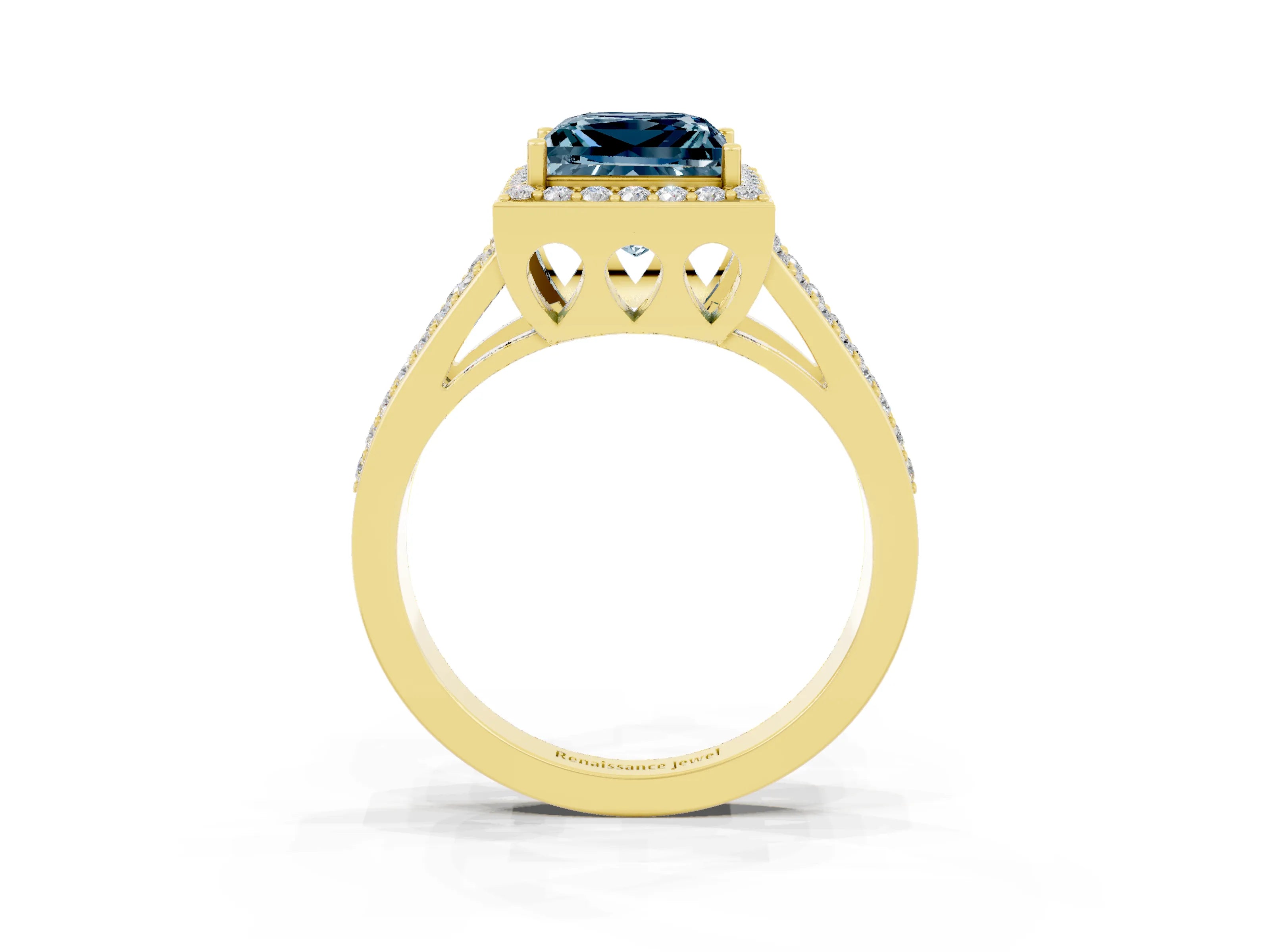 Yellow gold Princess Cut Aquamarine Halo Ring with Split Shank U-Prong Band and Four-Prong Setting_3