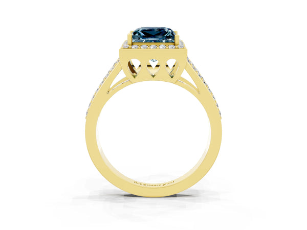 Yellow gold Princess Cut Aquamarine Halo Ring with Split Shank U-Prong Band and Four-Prong Setting