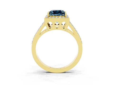 Yellow gold Princess Cut Aquamarine Halo Ring with Split Shank U-Prong Band and Four-Prong Setting_3