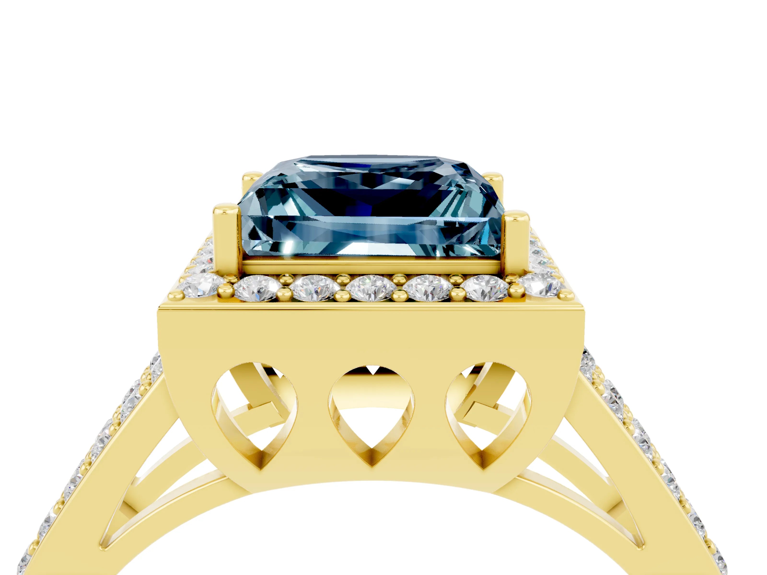 Yellow gold Princess Cut Aquamarine Halo Ring with Split Shank U-Prong Band and Four-Prong Setting_4