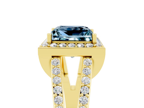 Yellow gold Princess Cut Aquamarine Halo Ring with Split Shank U-Prong Band and Four-Prong Setting_5