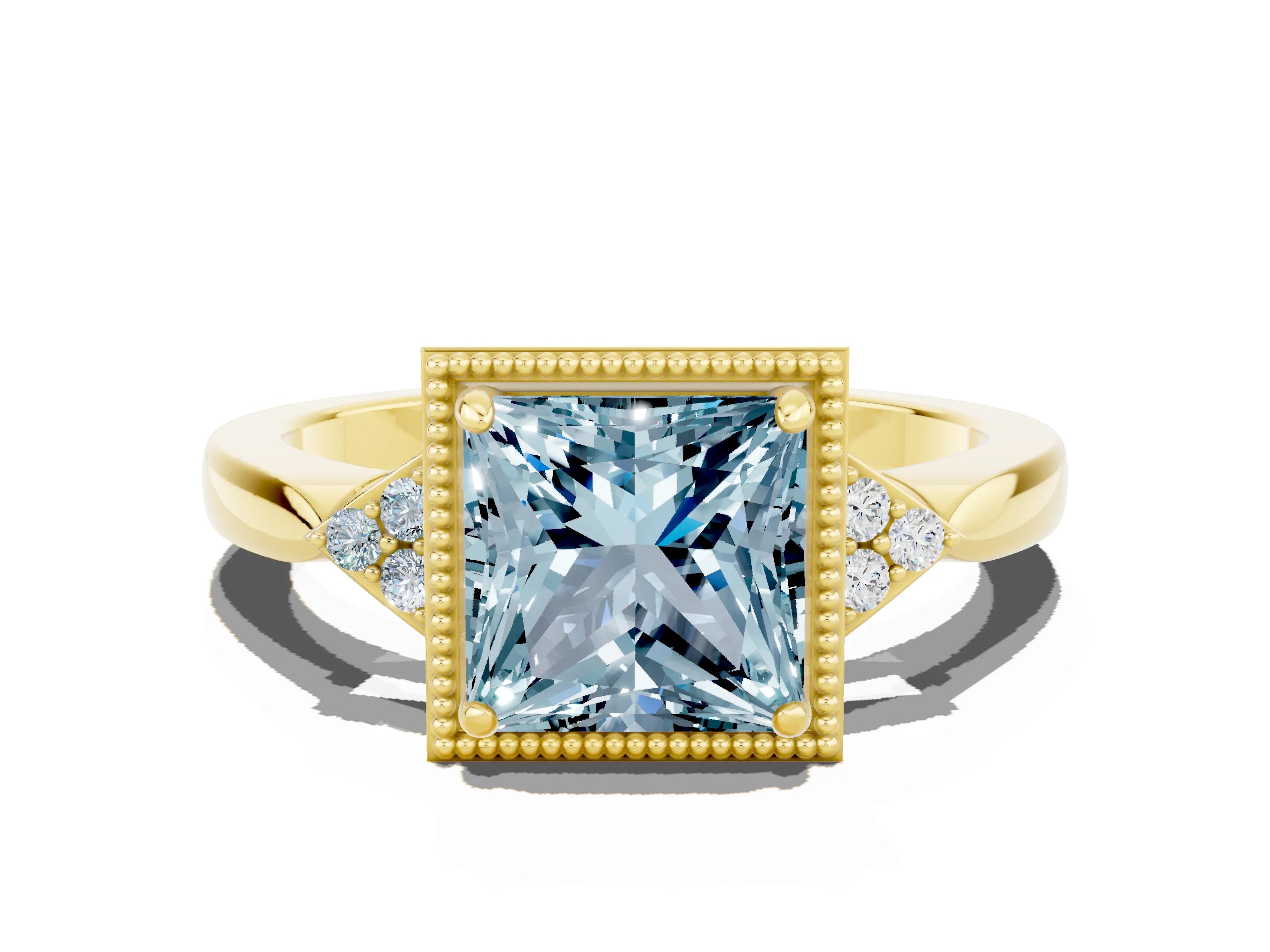 Yellow gold Princess Cut Aquamarine Halo Ring with Tapered Band and Four-Prong Setting