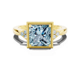 Yellow gold Princess Cut Aquamarine Halo Ring with Tapered Band and Four-Prong Setting