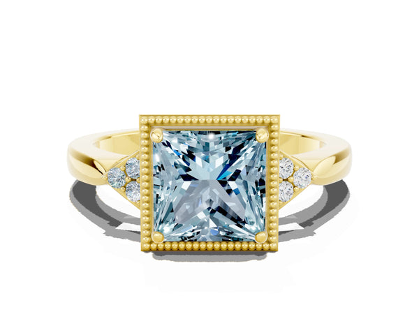 Yellow gold Princess Cut Aquamarine Halo Ring with Tapered Band and Four-Prong Setting
