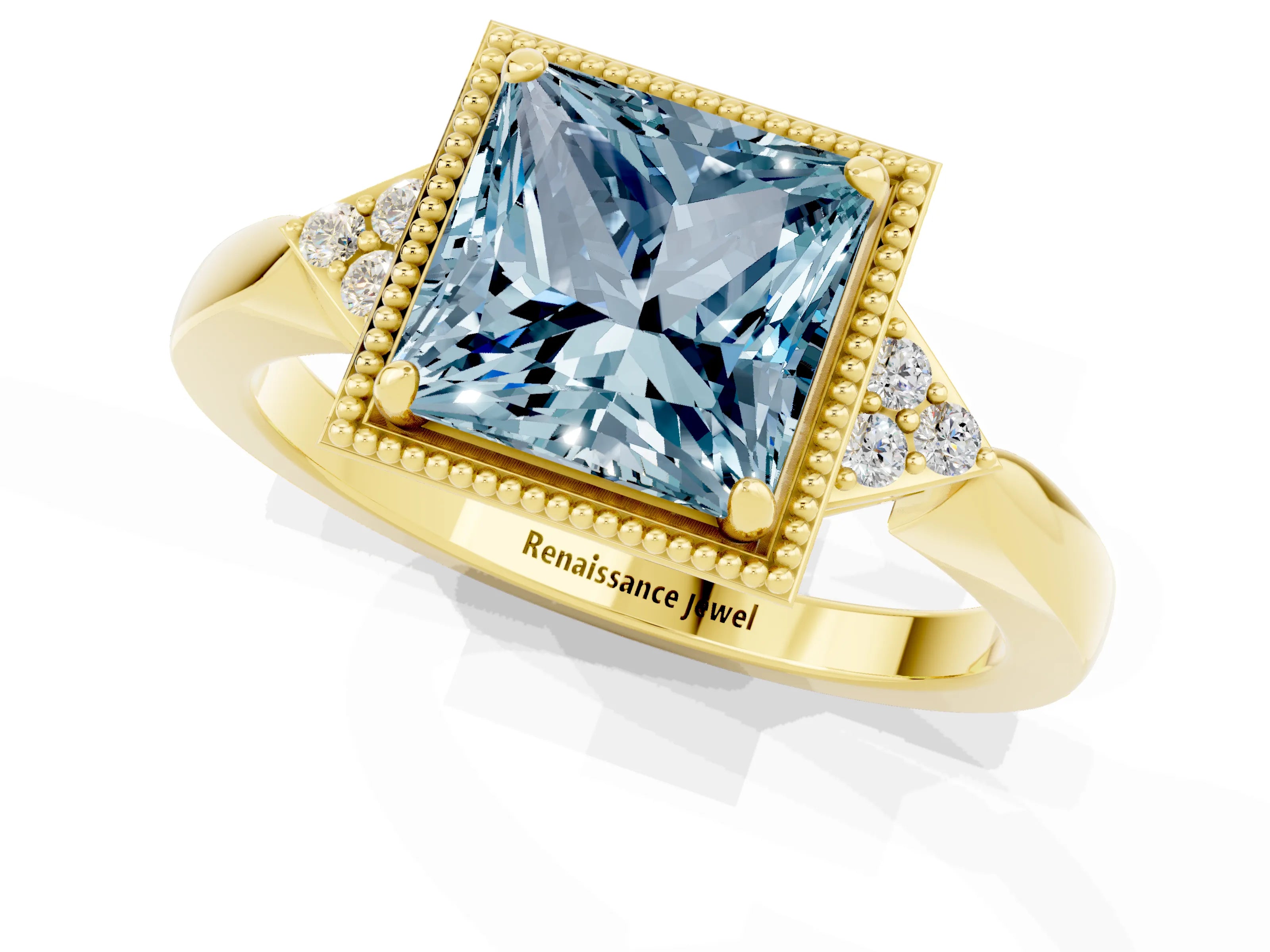 Yellow gold Princess Cut Aquamarine Halo Ring with Tapered Band and Four-Prong Setting_1