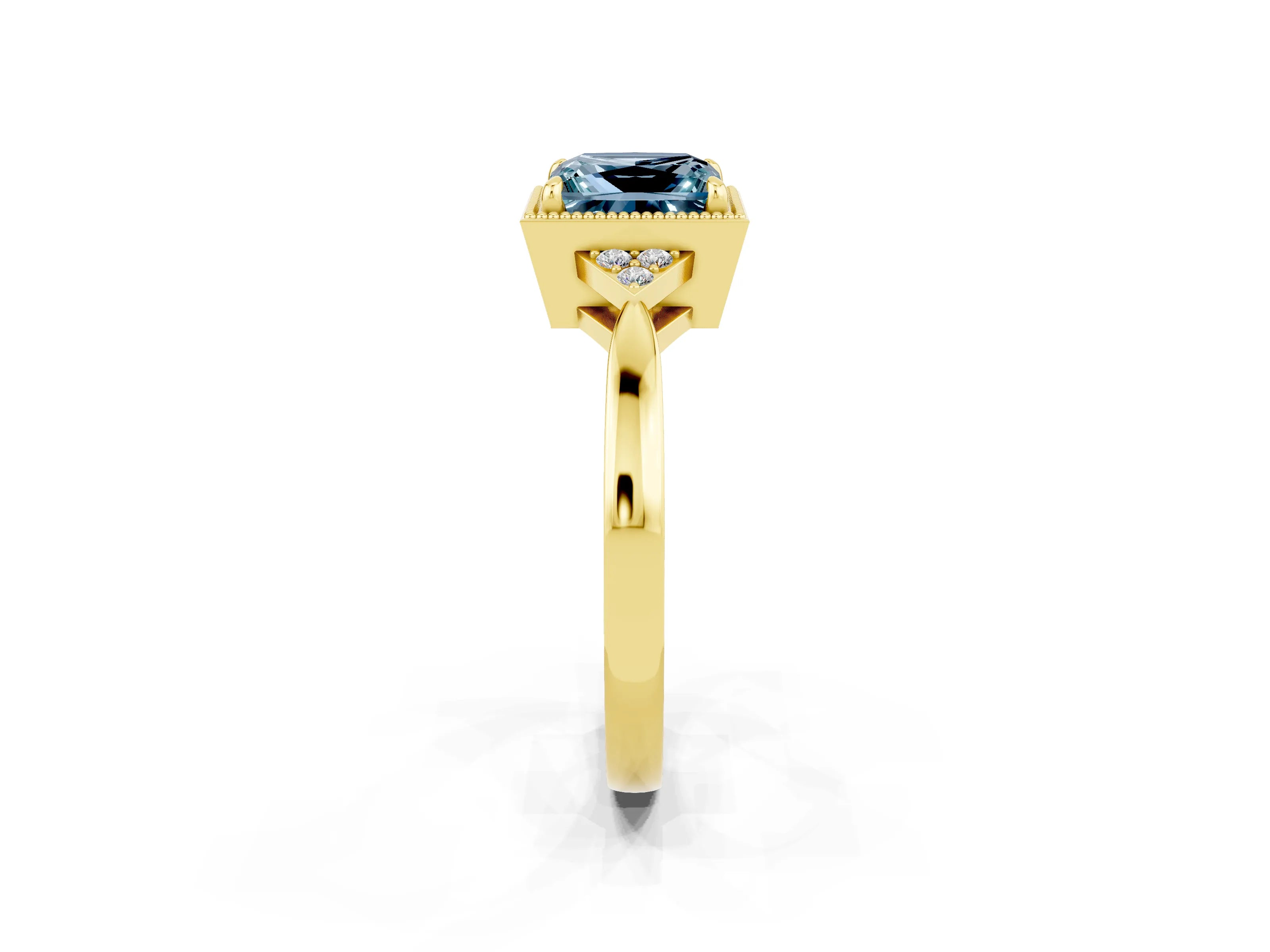 Yellow gold Princess Cut Aquamarine Halo Ring with Tapered Band and Four-Prong Setting_2