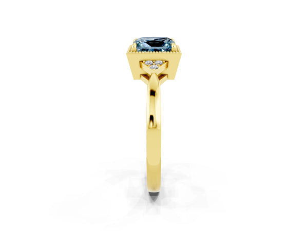 Yellow gold Princess Cut Aquamarine Halo Ring with Tapered Band and Four-Prong Setting