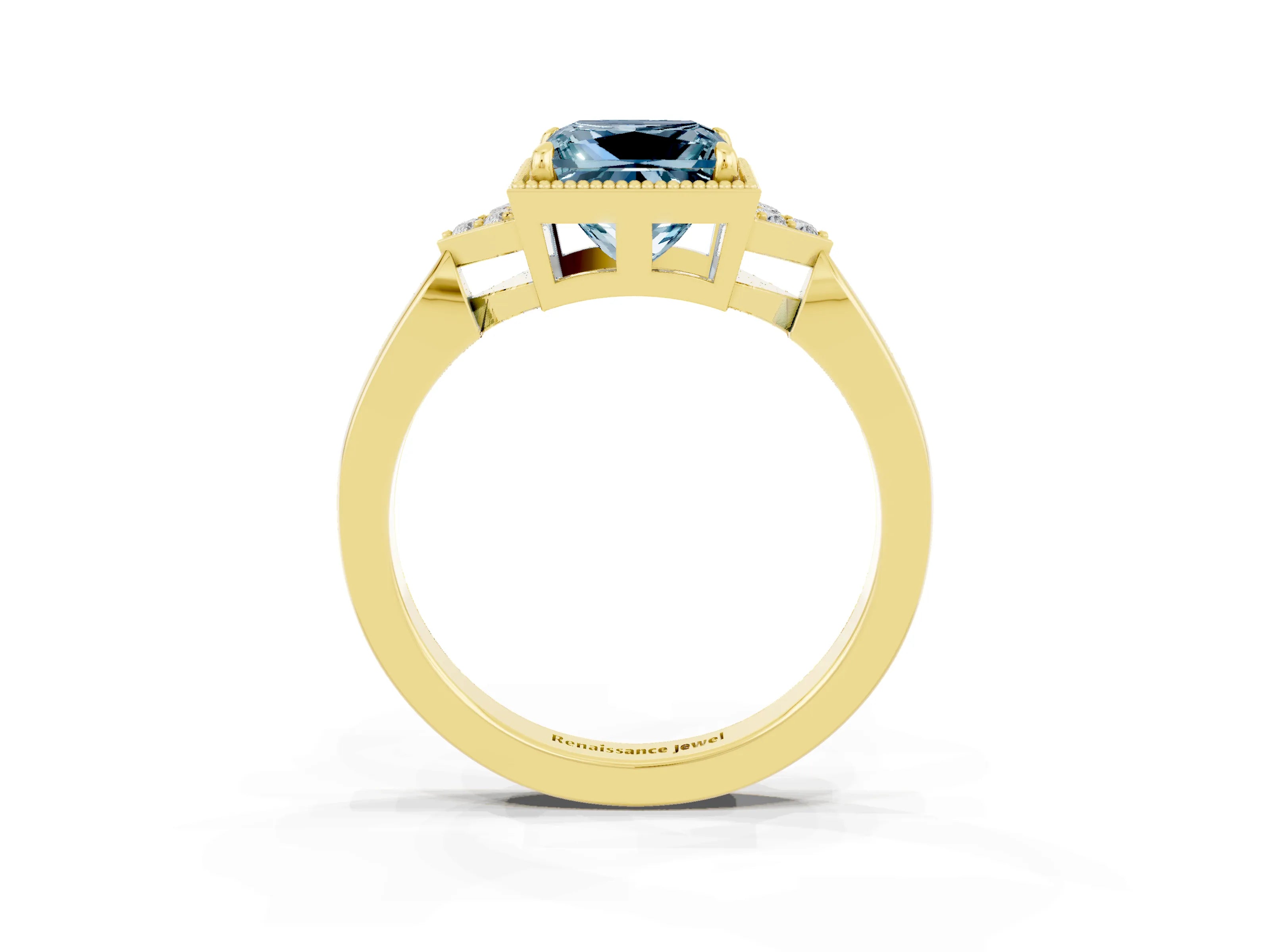 Yellow gold Princess Cut Aquamarine Halo Ring with Tapered Band and Four-Prong Setting_3