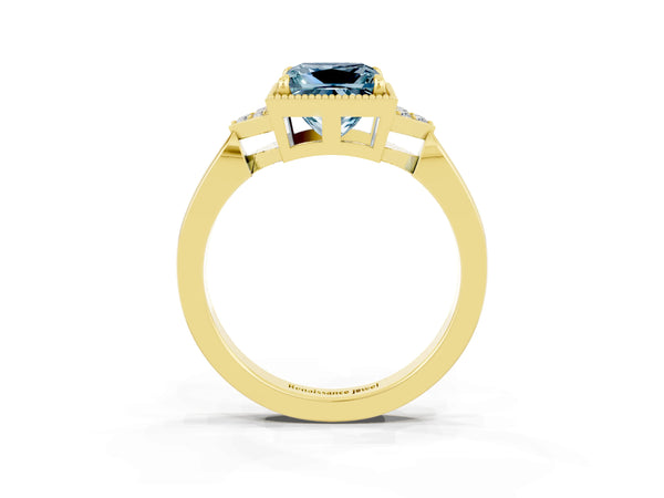 Yellow gold Princess Cut Aquamarine Halo Ring with Tapered Band and Four-Prong Setting