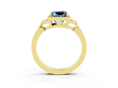 Yellow gold Princess Cut Aquamarine Halo Ring with Tapered Band and Four-Prong Setting_3
