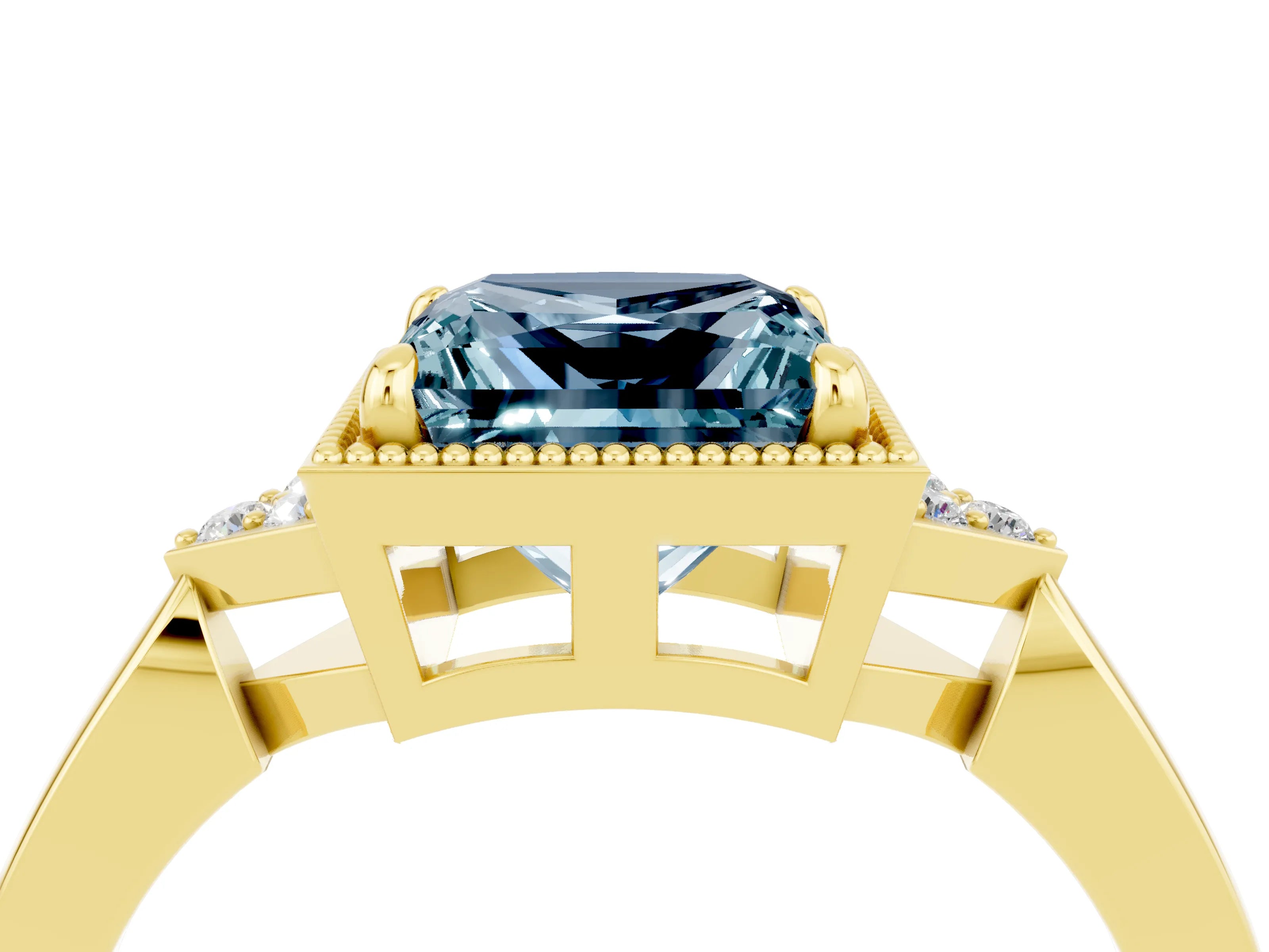 Yellow gold Princess Cut Aquamarine Halo Ring with Tapered Band and Four-Prong Setting_4