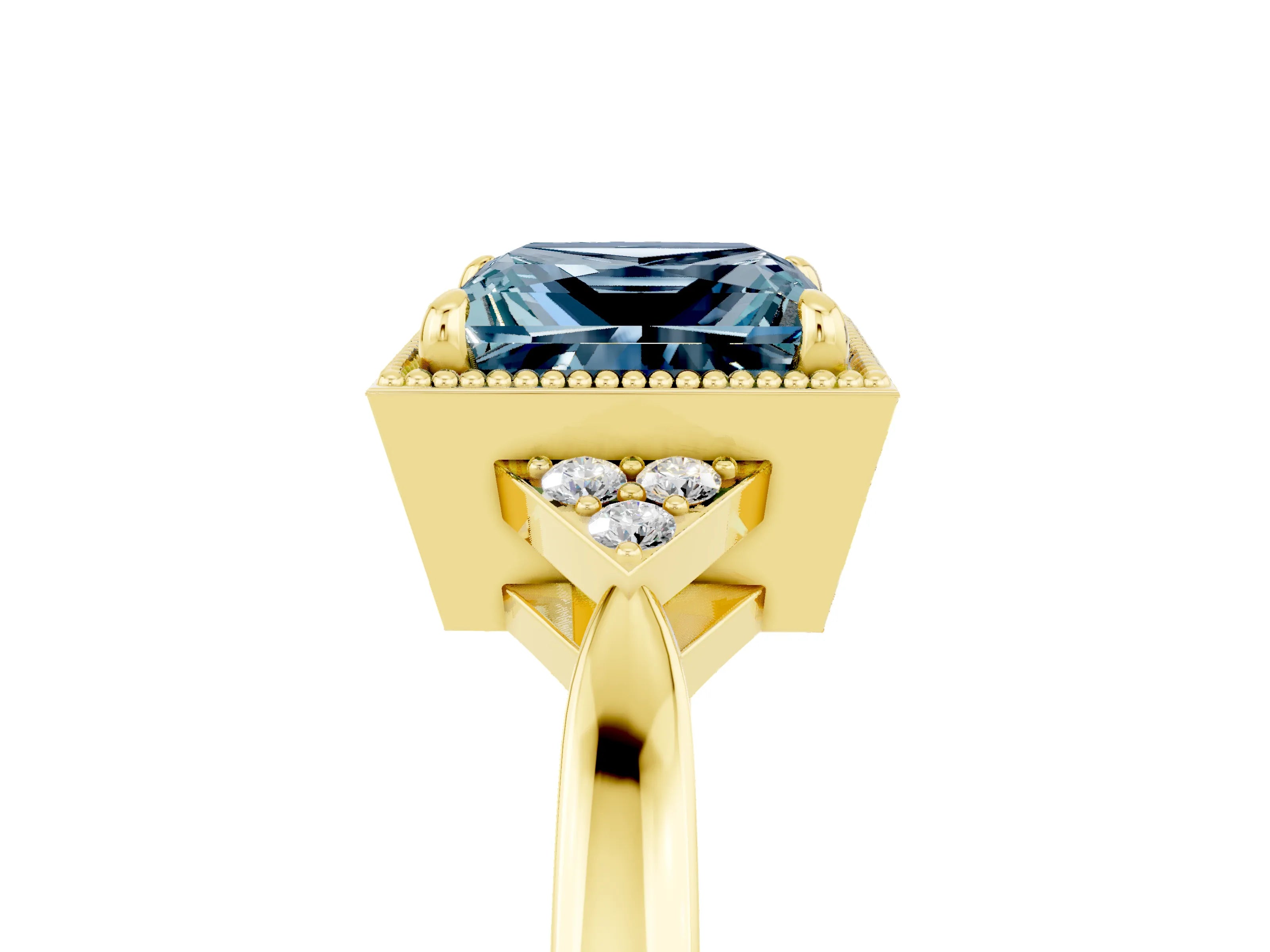 Yellow gold Princess Cut Aquamarine Halo Ring with Tapered Band and Four-Prong Setting_5