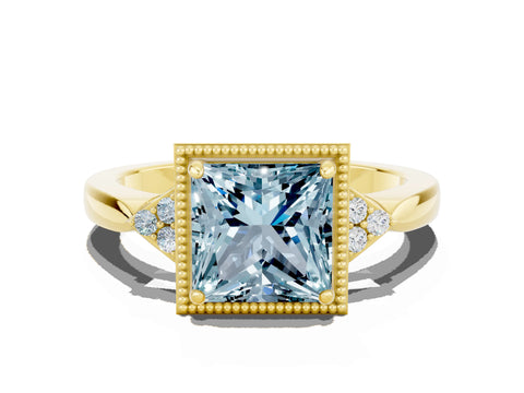 Yellow gold Princess Cut Aquamarine Halo Ring with Tapered Band and Four-Prong Setting