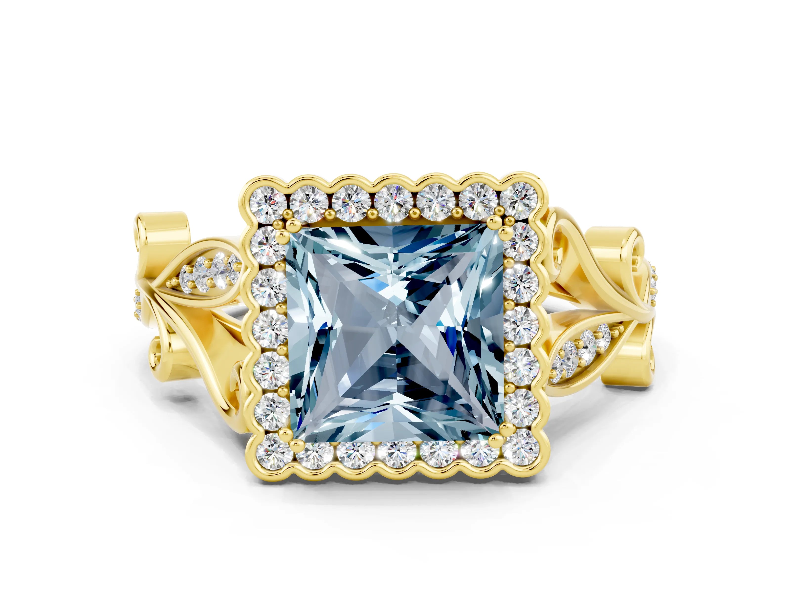 Yellow gold Princess Cut Aquamarine Halo Ring with Vintage Split Shank and Four-Prong Setting