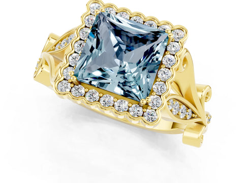 Yellow gold Princess Cut Aquamarine Halo Ring with Vintage Split Shank and Four-Prong Setting_1