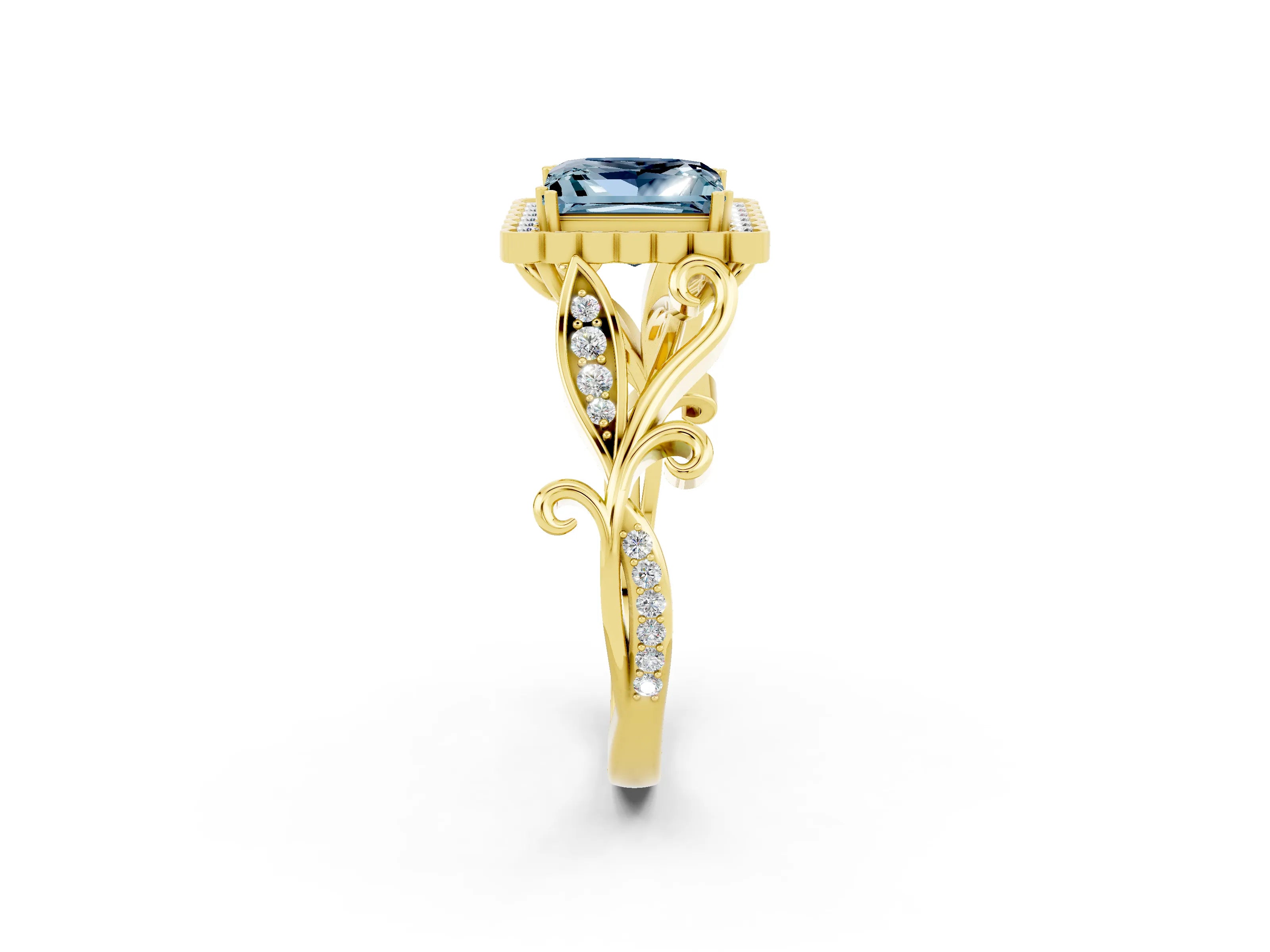 Yellow gold Princess Cut Aquamarine Halo Ring with Vintage Split Shank and Four-Prong Setting_2