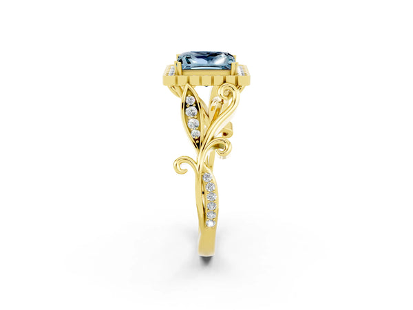 Yellow gold Princess Cut Aquamarine Halo Ring with Vintage Split Shank and Four-Prong Setting